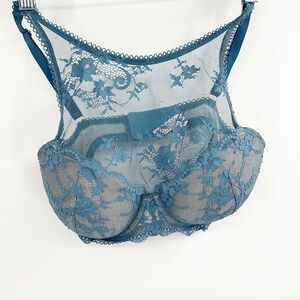 Victoria's Secret Dreams Angel Lined Demi Lace Strappy Bra 32DD Turquoise Mesh
